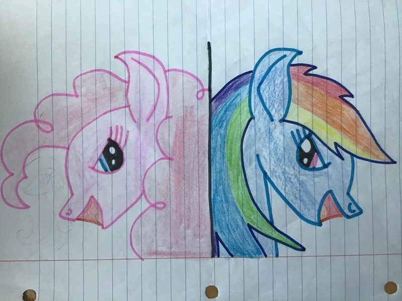 Size: 3264x2448 | Tagged: safe, artist:rainbow dash is best pony, derpibooru import, pinkie pie, rainbow dash, pony, fanfic:cupcakes, fanfic:rainbow factory, colored pencil drawing, evil, marker outline, open mouth, rainbow factory dash, traditional art