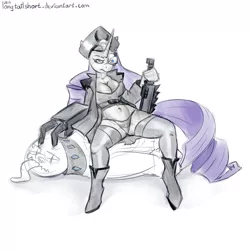 Size: 2048x2048 | Tagged: suggestive, artist:longtailshort, derpibooru import, rarity, anthro, diamond dog, unguligrade anthro, unicorn, big breasts, breasts, busty rarity, clothes, commissar yarrick, female, mare, panties, underwear, warhammer (game), warhammer 40k, weapon