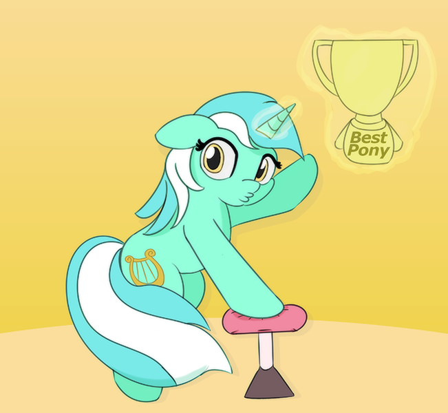 Size: 686x632 | Tagged: safe, artist:treekickerdraws, derpibooru import, lyra heartstrings, pony, unicorn, award, best pony, female, hinting, levitation, magic, mare, pointing, solo, telekinesis, trophy