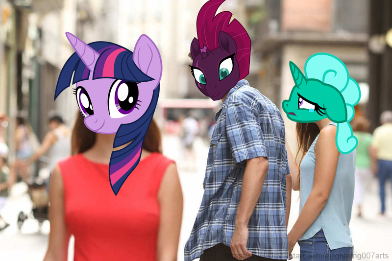 Size: 1200x800 | Tagged: artist:ejlightning007arts, artist:luckreza8, derpibooru import, distracted boyfriend meme, female, fizzlepop berrytwist, glitter drops, glittershadow, lesbian, love triangle, meme, my little pony: the movie, sad, safe, shipping, tempestlight, tempest shadow, twilight sparkle