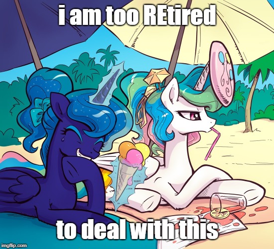 Size: 550x500 | Tagged: safe, artist:kp-shadowsquirrel, derpibooru import, edit, princess celestia, princess luna, alicorn, pony, season 9, spoiler:s09, beach, caption, female, frisbee, image macro, imgflip, implied pinkie pie, magic, magic aura, mare, pun, retirement, royal sisters, siblings, sisters, telekinesis, text