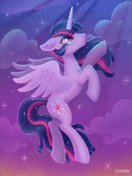 Size: 1200x1600 | Tagged: safe, artist:scheadar, derpibooru import, twilight sparkle, twilight sparkle (alicorn), alicorn, pony, cloud, cutie mark, ethereal mane, female, flying, mare, shooting star, smiling, solo, starry mane, starry sky, ultimate twilight