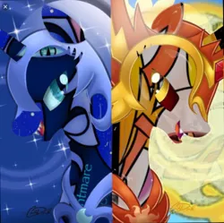 Size: 1127x1122 | Tagged: safe, artist:christadoodles, artist:zouis-malikson, derpibooru import, edit, daybreaker, nightmare moon, alicorn, pony, day, duo, ethereal mane, eyestrain warning, female, mare, moon, night, sun, two sides