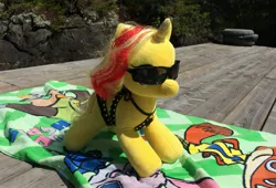 Size: 3071x2087 | Tagged: safe, artist:ejlightning007arts, derpibooru import, sunset shimmer, pony, build-a-bear, clothes, irl, lying down, photo, plushie, sunglasses, swimsuit, towel