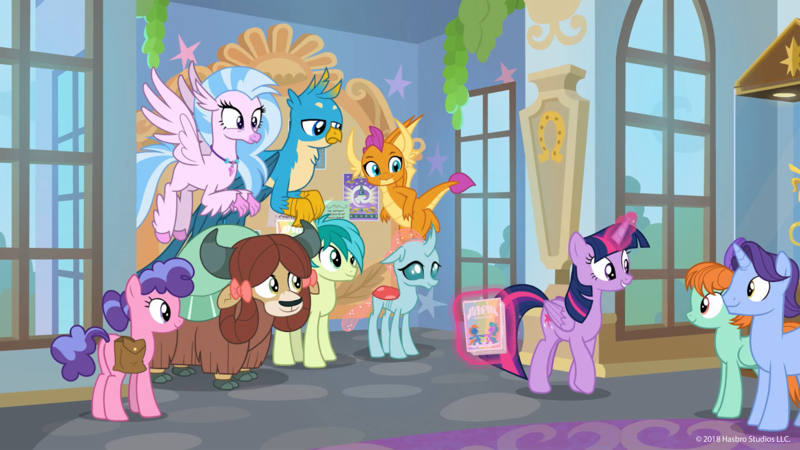 Size: 1600x900 | Tagged: safe, derpibooru import, screencap, gallus, november rain, ocellus, peppermint goldylinks, sandbar, silverstream, smolder, twilight sparkle, twilight sparkle (alicorn), yona, alicorn, changedling, changeling, classical hippogriff, dragon, earth pony, hippogriff, pegasus, pony, unicorn, yak, season 9, she's all yak, spoiler:s09, background pony, cloven hooves, dragoness, female, friendship student, male, mare, ponies standing next to each other, stallion, student six