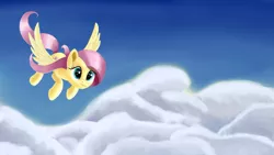 Size: 2560x1440 | Tagged: safe, artist:flusanix, derpibooru import, fluttershy, pegasus, pony, cloud, female, flying, mare, sky, solo, spread wings, wings