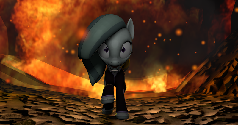 Size: 4096x2160 | Tagged: safe, artist:awgear, derpibooru import, marble pie, pony, 3d, clothes, doctor who, explosion, fire, gray coat, gray mane, looking at you, purple eyes, reference, running, source filmmaker, tunnel, tv reference, wide eyes