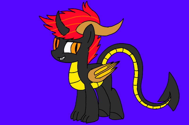 Size: 1024x678 | Tagged: safe, artist:nmr332, derpibooru import, oc, oc:dark embers, unofficial characters only, demon, demon pony, dracony, dragon, hybrid, original species, pony, blue background, heterochromia, horns, male, simple background, solo, stallion