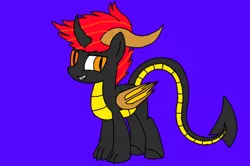 Size: 1024x678 | Tagged: safe, artist:nmr332, derpibooru import, oc, oc:dark embers, unofficial characters only, demon, demon pony, dracony, dragon, hybrid, original species, pony, blue background, heterochromia, horns, male, simple background, solo, stallion