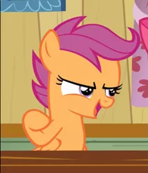 Size: 621x729 | Tagged: safe, derpibooru import, screencap, apple bloom, scootaloo, earth pony, pegasus, pony, hearts and hooves day (episode), clubhouse, cropped, crusaders clubhouse, female, filly, narrowed eyes, offscreen character, open mouth, raised hoof, solo, solo focus