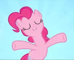 Size: 1158x940 | Tagged: safe, derpibooru import, screencap, pinkie pie, earth pony, pony, a friend in deed, cropped, eyes closed, female, mare, smiling, solo, spread hooves, underhoof