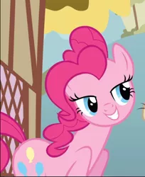 Size: 768x940 | Tagged: safe, derpibooru import, screencap, cranky doodle donkey, pinkie pie, donkey, earth pony, pony, a friend in deed, cropped, female, lidded eyes, male, mare, offscreen character, smiling, solo focus