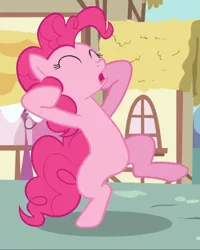 Size: 752x938 | Tagged: safe, derpibooru import, screencap, pinkie pie, earth pony, pony, a friend in deed, bipedal, cropped, eyes closed, female, hooves on face, mare, open mouth, raised leg, screaming, solo