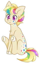 Size: 575x900 | Tagged: safe, artist:vladivoices, derpibooru import, oc, oc:skittlepox, unofficial characters only, earth pony, pony, adopted, blonde hair, blue hair, gradient mane, green hair, male, multicolored hair, orange hair, pink hair, purple eyes, rainbow hair, red hair, sitting, solo, spots, stallion