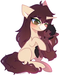 Size: 1024x1302 | Tagged: safe, artist:kirionek, derpibooru import, oc, oc:cinnamon fawn, oc:sovereign ashes, unofficial characters only, pegasus, pony, unicorn, black hair, blushing, brown eyes, brown hair, couple, female, freckles, green eyes, hazel eyes, horn, hug, male, mare, one eye closed, plushie, ponysona, smiling, solo, spots, stallion, wings, wink