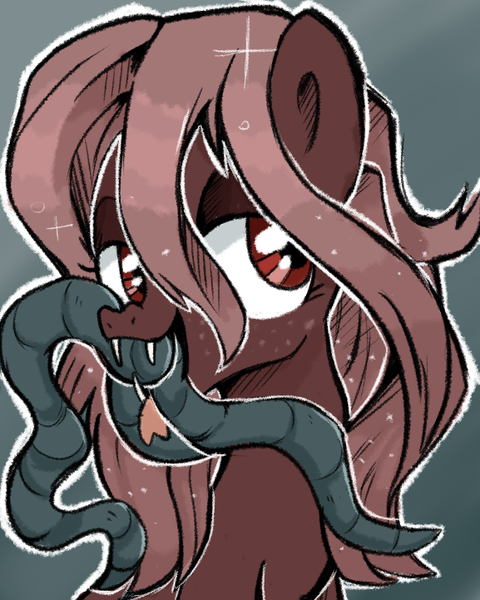 Size: 577x721 | Tagged: safe, artist:xsidera, derpibooru import, oc, oc:abiteth, unofficial characters only, monster pony, original species, pony, tatzlpony, brown fur, brown hair, fangs, female, forked tongue, freckles, mare, monster mare, open mouth, red eyes, solo, tentacles, tongue out