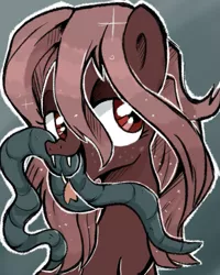 Size: 577x721 | Tagged: safe, artist:xsidera, derpibooru import, oc, oc:abiteth, unofficial characters only, monster pony, original species, pony, tatzlpony, brown fur, brown hair, fangs, female, forked tongue, freckles, mare, monster mare, open mouth, red eyes, solo, tentacles, tongue out