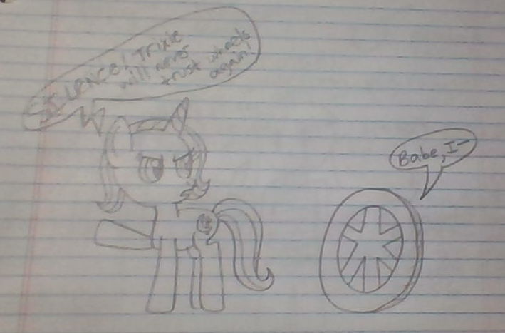 Size: 709x467 | Tagged: safe, artist:nightshadowmlp, derpibooru import, trixie, pony, unicorn, don't trust wheels, female, lined paper, mare, third person, traditional art, wheel, wheels trixie