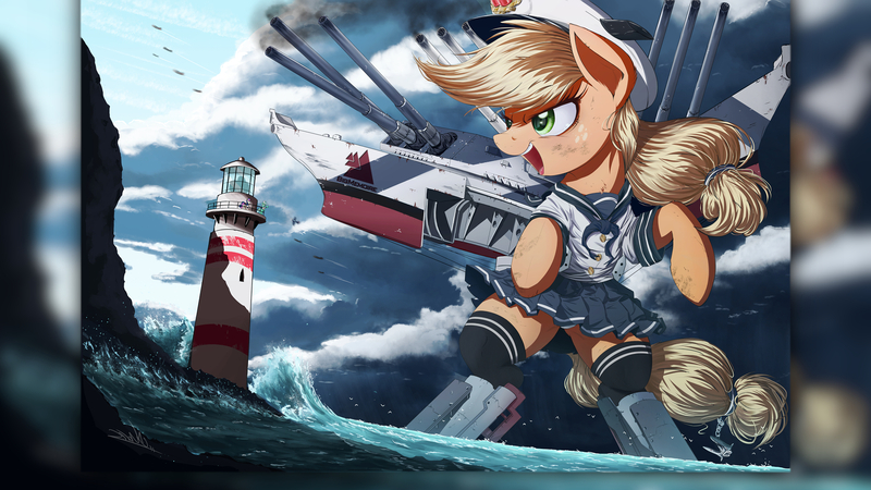 Size: 1920x1080 | Tagged: safe, artist:bigmemoire, artist:ncmares, derpibooru import, edit, applejack, bon bon, lyra heartstrings, sweetie drops, boatpony, earth pony, pony, semi-anthro, unicorn, airship, applebucking thighs, armor, base used, battleship, big-apple-pony, boat, clothes, female, giant pony, green eyes, hat, kantai collection, kneesocks, lighthouse, macro, mare, miniskirt, mountain, ocean, orange fur, panties, panty shot, pleated skirt, river, sailor uniform, scenery, ship, shipmare, skirt, skirt lift, socks, solo focus, stream, thigh highs, underwear, uniform, upskirt, uss iowa, wallpaper, wallpaper edit, war, water, white underwear, zettai ryouiki