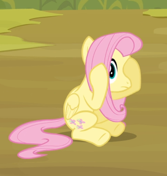 Size: 636x670 | Tagged: safe, derpibooru import, screencap, fluttershy, pegasus, pony, putting your hoof down, covering eyes, cropped, female, looking at you, mare, sitting, solo