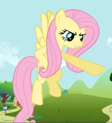 Size: 854x939 | Tagged: safe, derpibooru import, screencap, fluttershy, pegasus, pony, putting your hoof down, cropped, female, fluttershy is not amused, flying, hooves on hips, mare, pointing, raised hoof, solo, spread wings, unamused, underhoof, wings