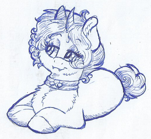 Size: 520x479 | Tagged: safe, artist:69beas, derpibooru import, oc, oc:jessie feuer, unofficial characters only, pony, unicorn, chest fluff, collar, fangs, female, lidded eyes, lineart, lying down, mare, monochrome, prone, sketch, smiling, solo, traditional art