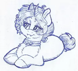 Size: 520x479 | Tagged: safe, artist:69beas, derpibooru import, oc, oc:jessie feuer, unofficial characters only, pony, unicorn, chest fluff, collar, fangs, female, lidded eyes, lineart, lying down, mare, monochrome, prone, sketch, smiling, solo, traditional art