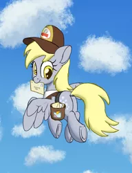 Size: 2000x2600 | Tagged: safe, artist:litrojia, derpibooru import, derpy hooves, pegasus, pony, :t, bag, butt, clothes, cloud, cute, derpabetes, dock, female, floppy ears, flying, hat, letter, looking at you, looking back, looking back at you, mail, mailbag, mailmare, mailmare hat, mailpony, mare, mouth hold, plot, saddle bag, satchel, sky, smiling, solo, spread wings, underhoof, uniform, wings