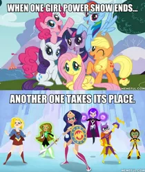 Size: 600x715 | Tagged: safe, derpibooru import, edit, edited screencap, screencap, applejack, fluttershy, pinkie pie, rainbow dash, rarity, twilight sparkle, earth pony, pegasus, pony, unicorn, barbara gordon, batgirl, bumblebee, dc comics, dc superhero girls, green lantern, mane six, mane six opening poses, meme, supergirl, unicorn twilight, wonder woman, zatanna