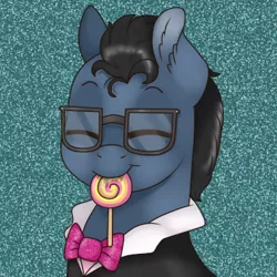 Size: 379x379 | Tagged: safe, artist:69beas, derpibooru import, oc, oc:flashdraw, unofficial characters only, earth pony, pony, candy, clothes, digital art, eyes closed, food, glasses, glitter, lollipop, male, necktie, nom, simple background, solo, stallion, suit