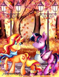 Size: 1024x1326 | Tagged: safe, artist:animechristy, derpibooru import, sunset shimmer, twilight sparkle, twilight sparkle (alicorn), alicorn, pony, unicorn, autumn, clothes, falling leaves, female, leaves, lesbian, scarf, shipping, street lamp, streetlight, sunlight, sunsetsparkle, sweater, tree