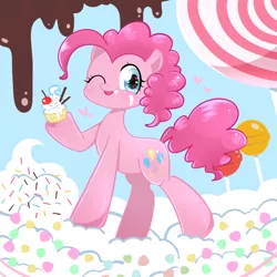 Size: 1000x1000 | Tagged: safe, artist:anko, derpibooru import, pinkie pie, earth pony, pony, :p, candy, cherry, cupcake, cute, diapinkes, female, food, heart, heart eyes, lollipop, mare, one eye closed, pixiv, silly, solo, sprinkles, tongue out, whipped cream, wingding eyes, wink