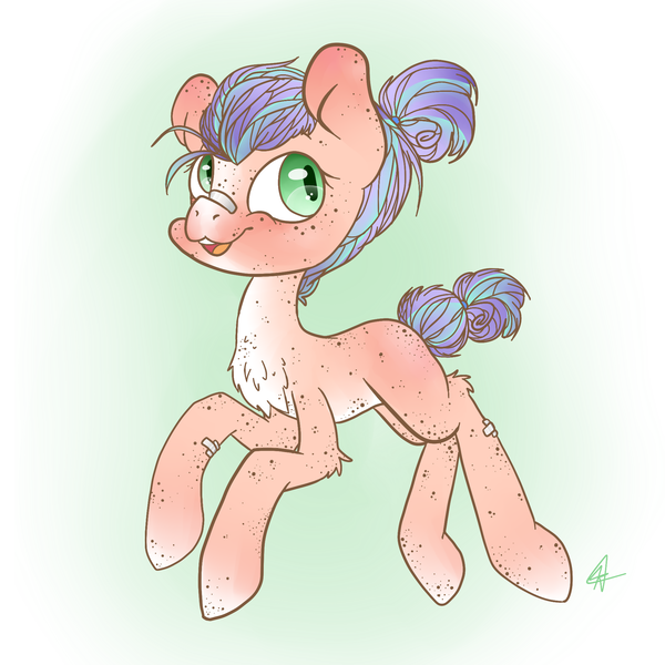 Size: 2000x2000 | Tagged: safe, artist:katyusha, derpibooru import, oc, oc:maybree, earth pony, pony, bandaids, blank flank, enthusiasm, female, filly, freckles, green eyes, hair bun, happy, purple hair, tomboy