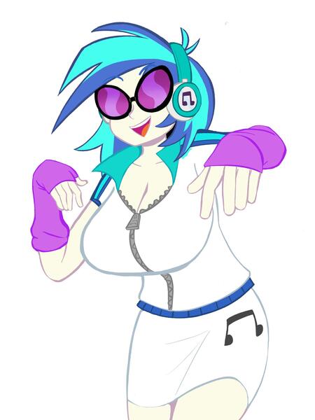 Size: 1536x2048 | Tagged: safe, artist:vicsagod, derpibooru import, vinyl scratch, equestria girls, big breasts, breasts, busty vinyl scratch, cleavage, commission, female, headphones, simple background, solo, sunglasses, white background