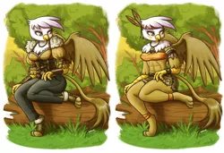 Size: 2340x1600 | Tagged: suggestive, artist:king-kakapo, derpibooru import, gilda, anthro, digitigrade anthro, gryphon, abs, amazon, breasts, busty gilda, clothes, female, grass, image, pants, png, rippda, shorts, sitting, solo, tree