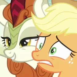 Size: 740x740 | Tagged: safe, derpibooru import, screencap, applejack, autumn blaze, kirin, pony, sounds of silence, a kirin tale, cropped, duo, female, lidded eyes, out of context, smiling, that is my fetish, varying degrees of want