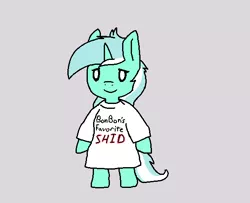 Size: 612x498 | Tagged: safe, artist:firecracker, derpibooru import, edit, lyra heartstrings, pony, unicorn, clothes, female, l.u.l.s., mare, shid, shirt, simple background, smiling, solo, t-shirt, u lil shid