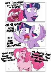 Size: 935x1350 | Tagged: safe, artist:shoutingisfun, derpibooru import, pinkie pie, twilight sparkle, twilight sparkle (alicorn), alicorn, earth pony, pony, :d, bait and switch, chubbie pie, chubby, comic, dialogue, eyes closed, female, mare, misunderstanding, mood whiplash, open mouth, plump, simple background, sparkles, spread wings, white background, wings