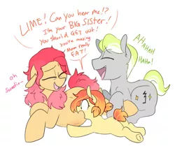 Size: 1161x971 | Tagged: safe, artist:redxbacon, derpibooru import, oc, oc:crotchet beat, oc:golden eight, oc:sunny lane, oc:trash, unofficial characters only, pony, cute, family, father and child, father and daughter, female, filly, laughing, male, mare, mother and child, mother and daughter, pregnant, stallion, younger