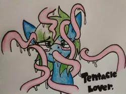 Size: 1227x920 | Tagged: suggestive, artist:paper view of butts, derpibooru import, oc, oc:thundy, pony, blushing, bust, colored, female, glasses, ink, ink drawing, mare, soft color, solo, solo female, tentacles, traditional art, wet