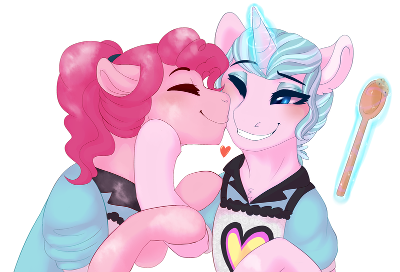 Size: 3137x2137 | Tagged: safe, artist:miamaha, derpibooru import, pinkie pie, sunny sugarsocks, ponified, pony, unicorn, coinky-dink world, eqg summertime shorts, equestria girls, alternate universe, clothes, cute, equestria girls ponified, eyes closed, female, glowing horn, horn, lesbian, mare, shipping, smiling, sunnypie