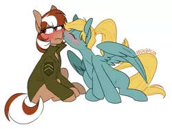 Size: 919x691 | Tagged: safe, artist:redxbacon, derpibooru import, oc, oc:roulette, oc:sunny hymn, unofficial characters only, earth pony, pegasus, pony, fallout equestria, blushing, clothes, embarrassed, female, jacket, kiss on the cheek, kissing, leaning forward, lesbian, looking away, oc x oc, ponytail, shipping, simple background, sitting, smooch, spread wings, white background, wings