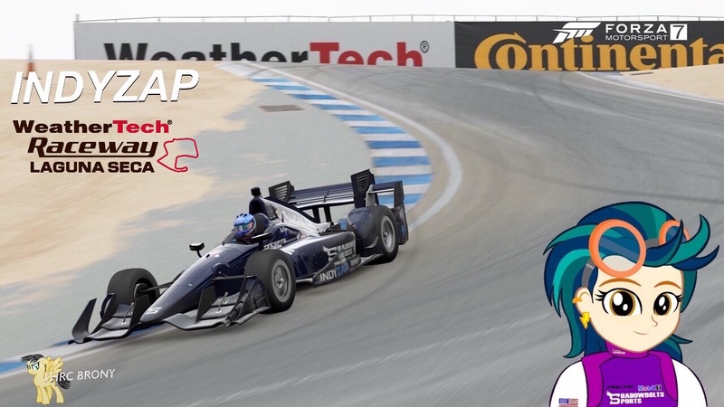 Size: 1280x720 | Tagged: safe, artist:forzaveteranenigma, derpibooru import, indigo zap, fanfic:shadowbolts racing, equestria girls, car, chevrolet, dallara, driving, forza motorsport 7, indycar, mazda raceway laguna seca, photo, racing, racing suit, watermark, weathertech raceway laguna seca