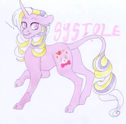 Size: 421x414 | Tagged: safe, artist:frozensoulpony, derpibooru import, oc, oc:systole, pony, unicorn, cloven hooves, magical lesbian spawn, male, offspring, parent:rarity, parent:raven, solo, stallion, traditional art