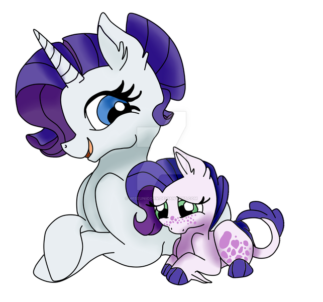 Size: 1024x955 | Tagged: safe, artist:wiseunicorn, derpibooru import, rarity, oc, oc:notte illuminata, dracony, dragon, hybrid, pony, unicorn, alternate hairstyle, crossed hooves, deviantart watermark, female, filly, freckles, interspecies offspring, leonine tail, mama rarity, mare, mother and child, mother and daughter, obtrusive watermark, offspring, parent:rarity, parent:spike, parents:sparity, prone, scales, simple background, unshorn fetlocks, watermark, white background