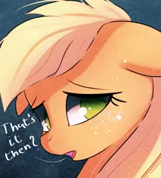 Size: 1267x1396 | Tagged: safe, artist:autumnvoyage, derpibooru import, applejack, earth pony, pony, spoiler:s09, bust, cute, dialogue, end of ponies, female, floppy ears, in-universe pegasister, jackabetes, mare, no pupils, open mouth, portrait, sad, sadorable, series finale blues, solo, text, that's it then?