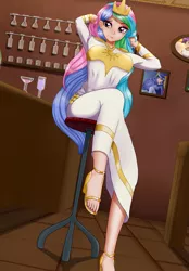 Size: 1257x1811 | Tagged: artist:focusb, bar, clothes, derpibooru import, dress, female, human, humanized, open mouth, princess celestia, safe, sandals, sitting, solo, stool