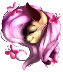 Size: 1024x1165 | Tagged: safe, artist:ravenwithpens, derpibooru import, fluttershy, butterfly, pony, alternative cutie mark placement, bust, eyes closed, female, mare, simple background, smiling, solo, speedpaint, stray strand, transparent background