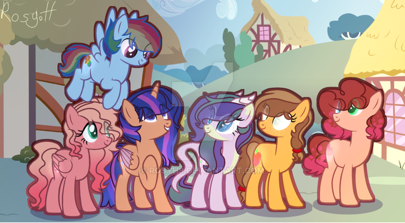 Size: 1024x565 | Tagged: safe, artist:rosyh9, derpibooru import, oc, oc:caramel, oc:cheese cupcake, oc:rainbow rain, oc:sapphire, oc:star sparkle, oc:sweet apple, unofficial characters only, alicorn, dracony, dragon, earth pony, hybrid, pegasus, pony, alicorn oc, base used, blind eye, deviantart watermark, eye clipping through hair, female, floating, freckles, gradient mane, heterochromia, horn, interspecies offspring, mare, next generation, not rainbow dash, obtrusive watermark, offspring, parent:applejack, parent:big macintosh, parent:caramel, parent:cheese sandwich, parent:flash sentry, parent:fluttershy, parent:pinkie pie, parent:rainbow dash, parent:rarity, parent:soarin', parent:spike, parent:twilight sparkle, parents:carajack, parents:cheesepie, parents:flashlight, parents:fluttermac, parents:soarindash, parents:sparity, ponyville, slit eyes, watermark, wings