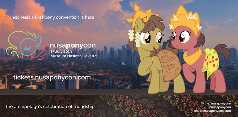 Size: 2500x1231 | Tagged: safe, artist:mewy101, derpibooru import, rarity, oc, oc:nuning, oc:salasika, earth pony, pony, convention, crown, female, helmet, indonesia, indonesian, jewelry, mare, mascot, nusaponycon, ponycon, regalia, sarong